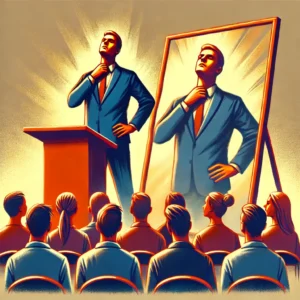 DALL·E 2024 09 29 14.28.22 A person standing on a podium looking confident with their chin raised arrogantly above a crowd of neutral or unimpressed people. The person appears Praktijk voor coaching en hypnotherapie Home